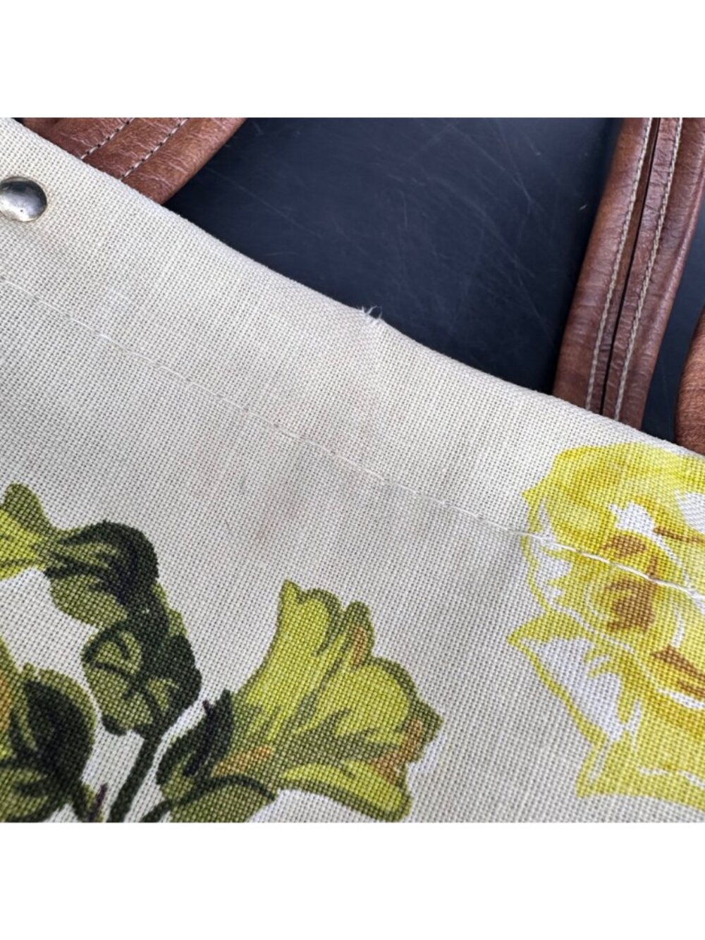 Vintage Floral Canvas Tote Bag Top Handle Purse Handbag Yellow Rose Mid Century - Picture 7 of 12